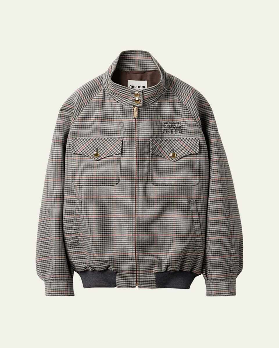 Check Oversized Zip Up Wool Bomber Jacket